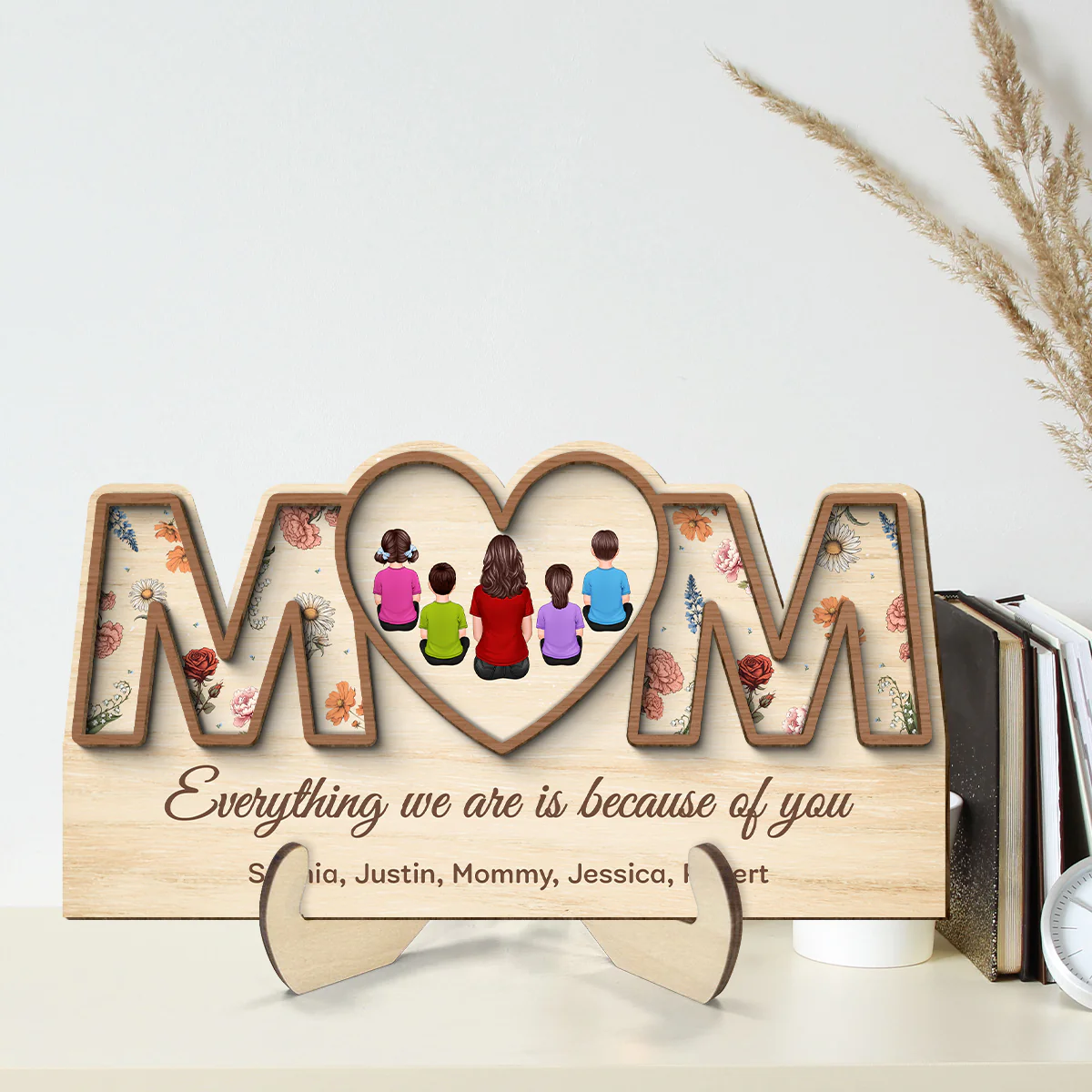 Custom Birth Month Flowers MOM Hearts Personalized 2-Layer Wooden Plaque - Image 2