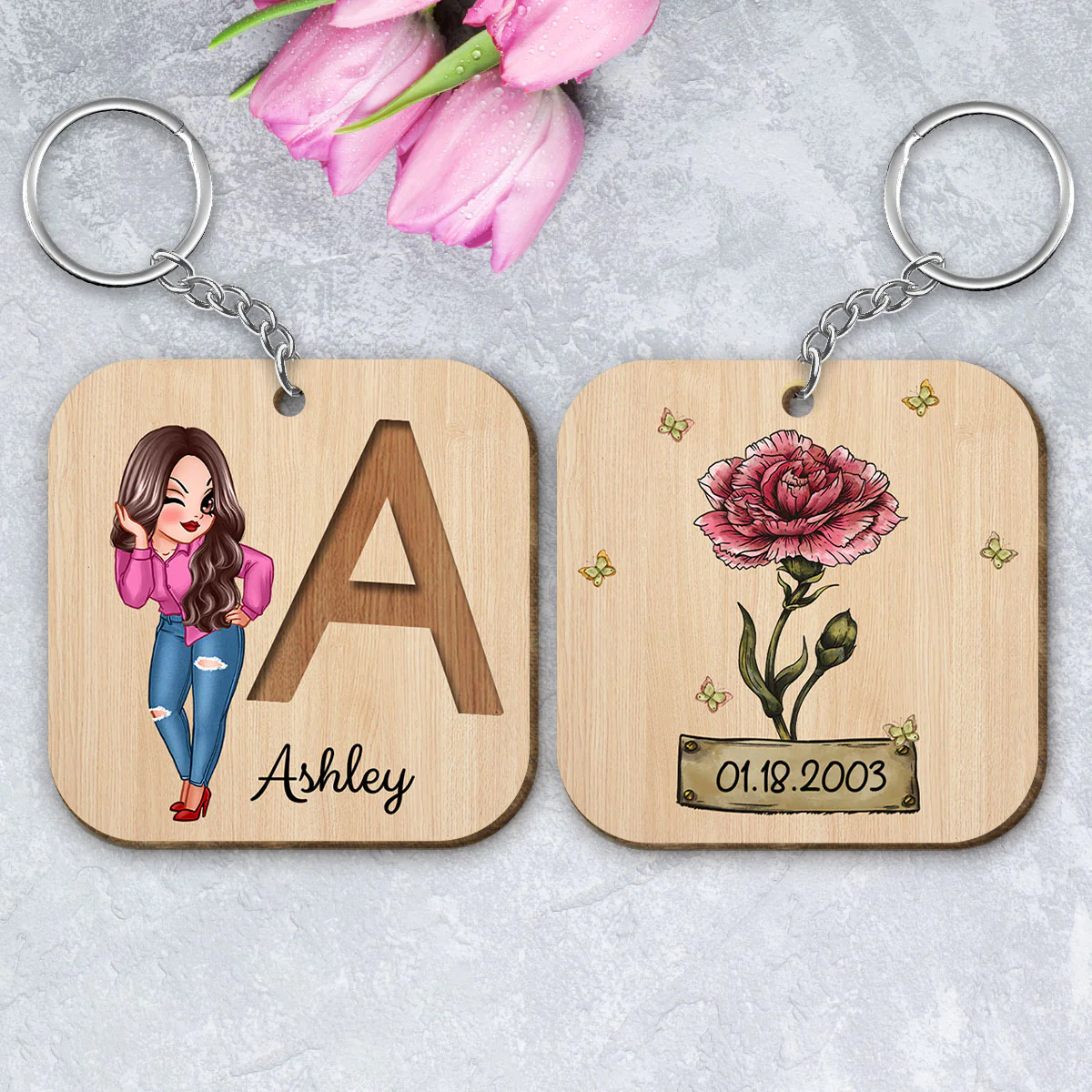 Custom Character & Birth Flower Initial Name Birthday Gift For Family Friends Personalized Wooden Keychain - Image 5