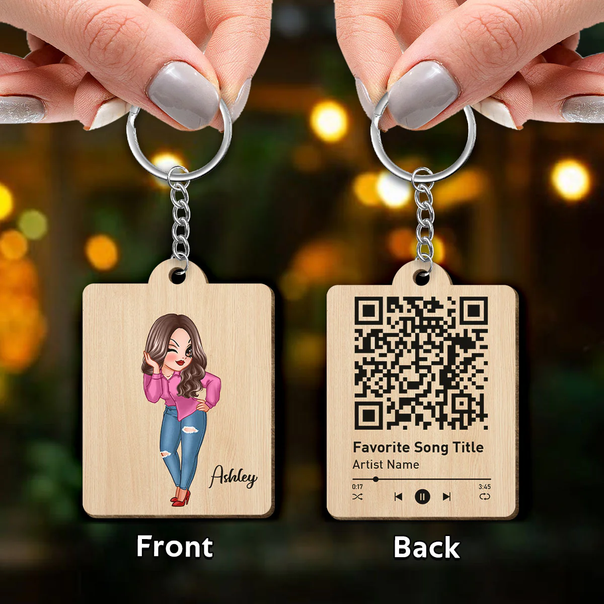 Custom Character Family Members Favorite Song Scannable QR Code Birthday Gift For Family FriendsPersonalized Wooden Keychain - Image 3
