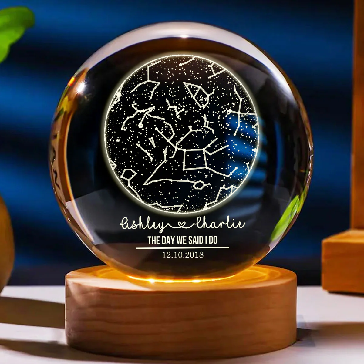 Custom Constellation Couple Star Map by Date - Personalized Crystal Ball Night Light - Heartfelt Anniversary Gift, Valentine's Day Gift for Her, for Him - Image 2
