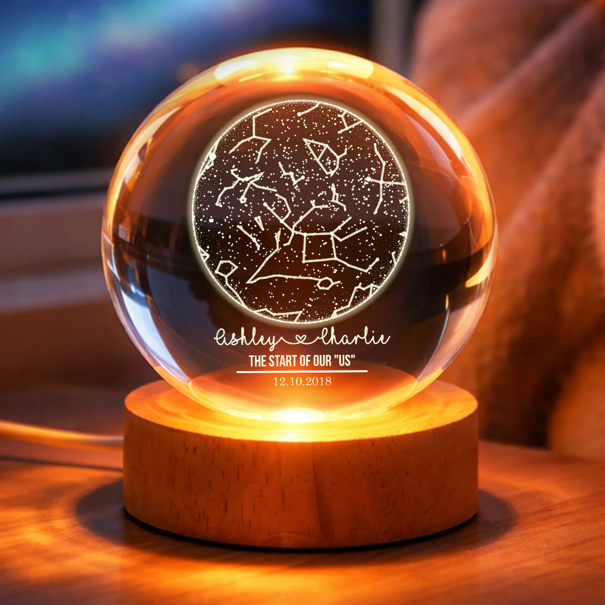 Custom Constellation Couple Star Map by Date - Personalized Crystal Ball Night Light - Heartfelt Anniversary Gift, Valentine's Day Gift for Her, for Him - Image 4