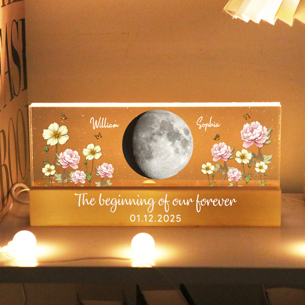 Custom Couple Birth Month Flowers Our Moon Custom Moon Phase Art - Personalized Acrylic Block Plaque LED Night Light - Gift For Couple - Image 10