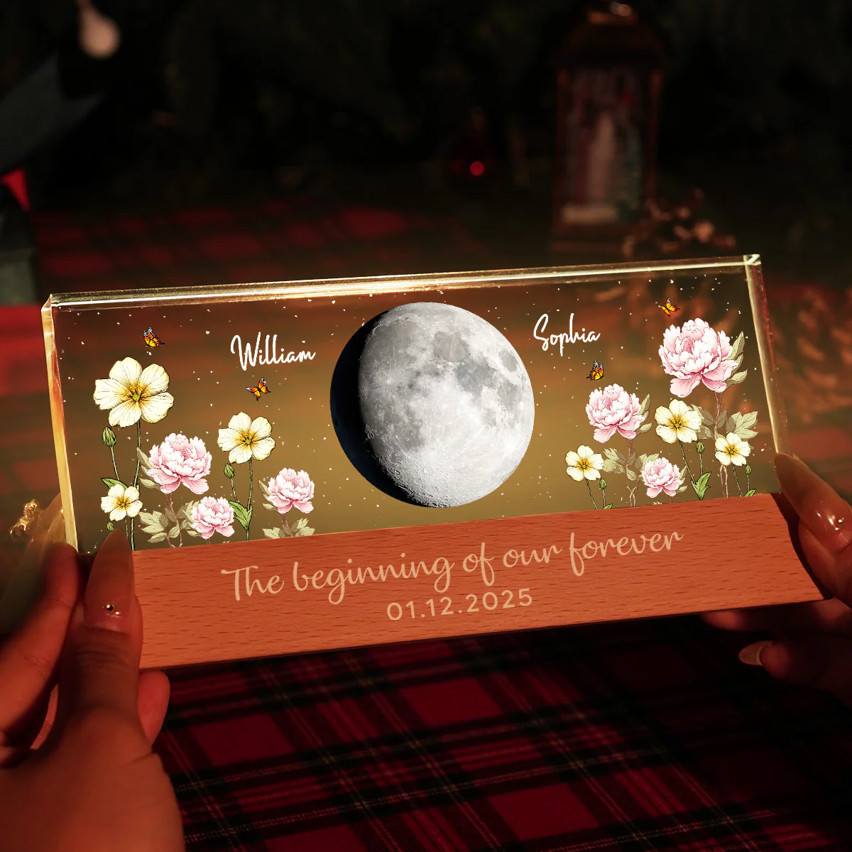 Custom Couple Birth Month Flowers Our Moon Custom Moon Phase Art - Personalized Acrylic Block Plaque LED Night Light - Gift For Couple - Image 11