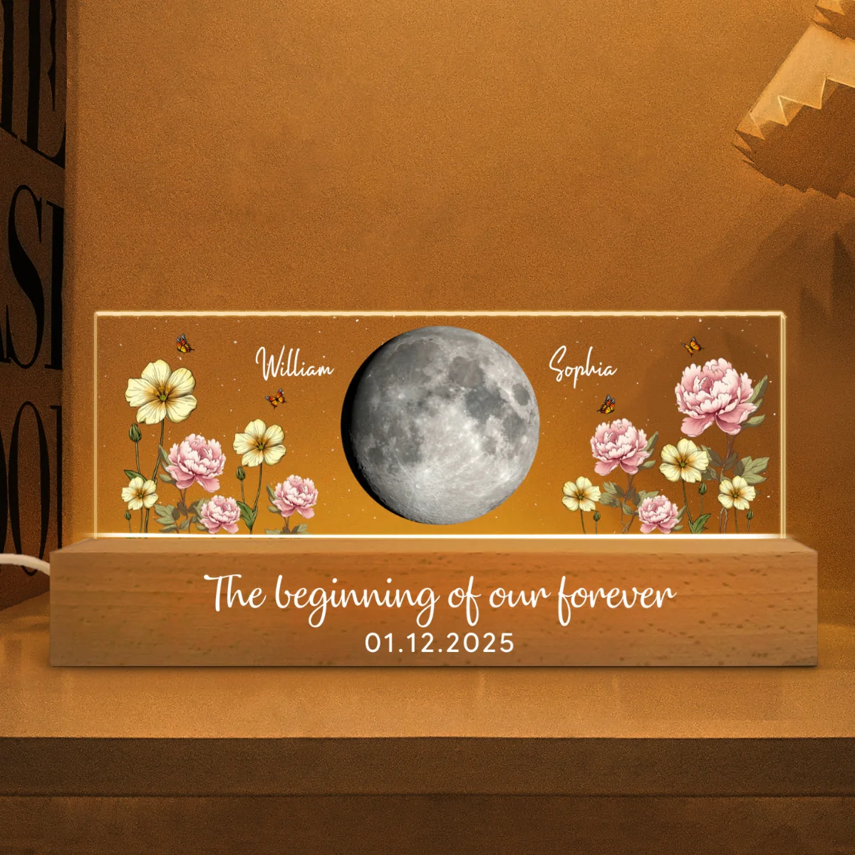 Custom Couple Birth Month Flowers Our Moon Custom Moon Phase Art - Personalized Acrylic Block Plaque LED Night Light - Gift For Couple - Image 13