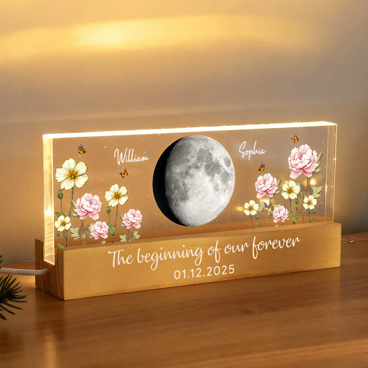 Custom Couple Birth Month Flowers Our Moon Custom Moon Phase Art - Personalized Acrylic Block Plaque LED Night Light - Gift For Couple - Image 4