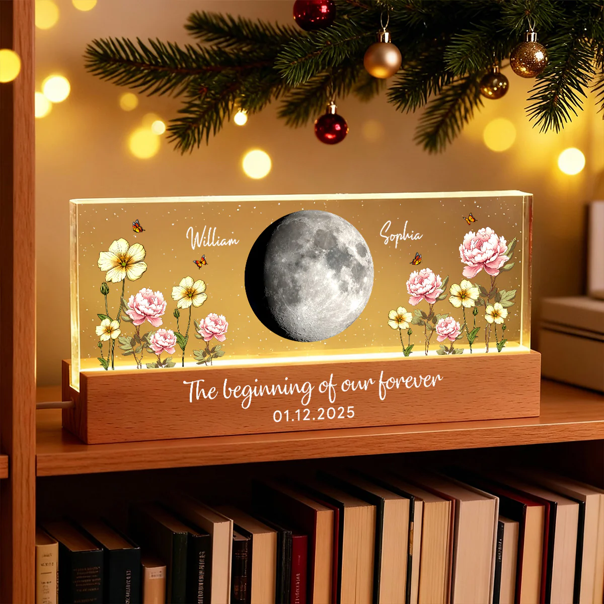 Custom Couple Birth Month Flowers Our Moon Custom Moon Phase Art - Personalized Acrylic Block Plaque LED Night Light - Gift For Couple - Image 9