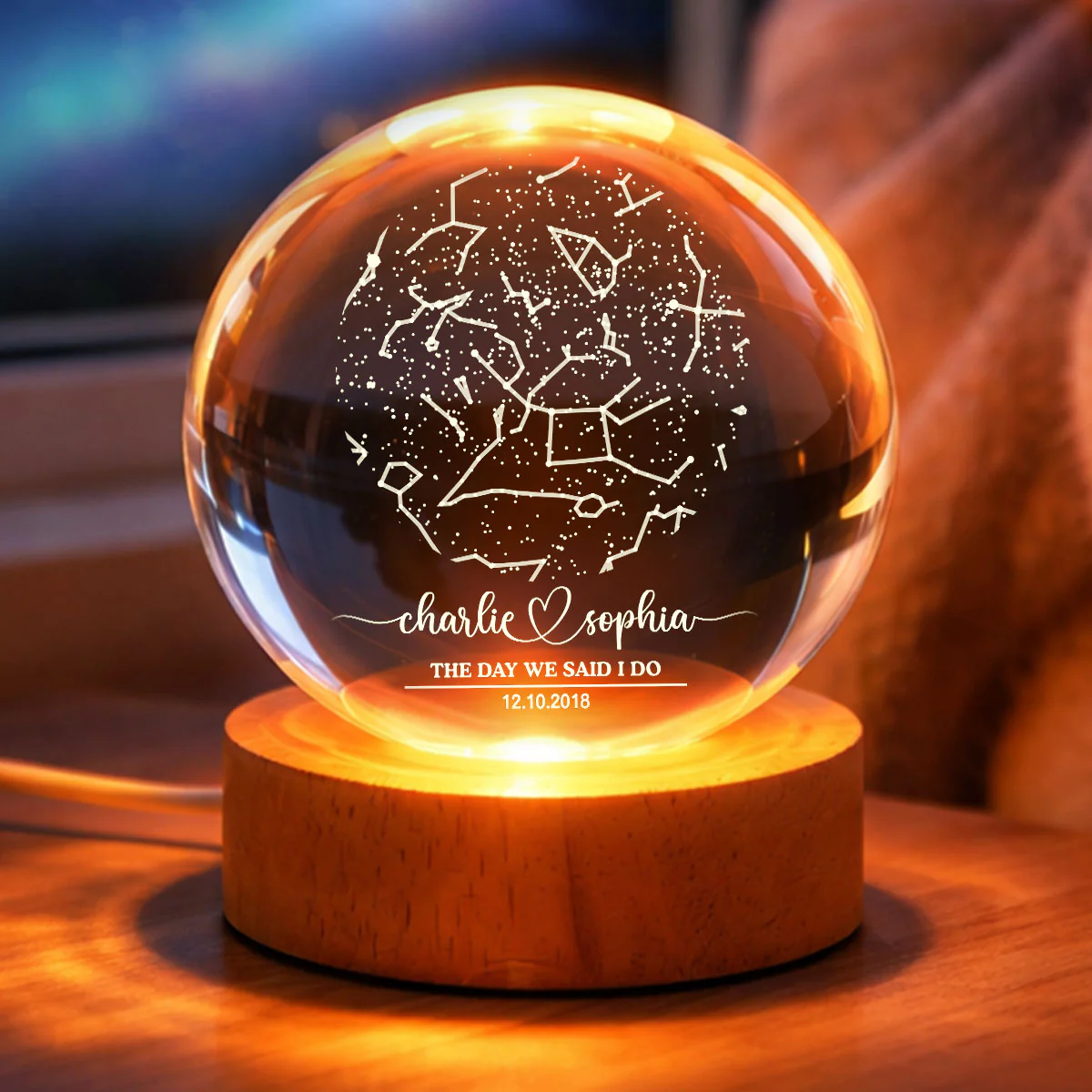 Custom Couple Star Map by Date Constellation - Personalized Crystal Ball Night Light - Heartfelt Anniversary Gift, Valentine's Day Gift for Her, for Him - Image 4