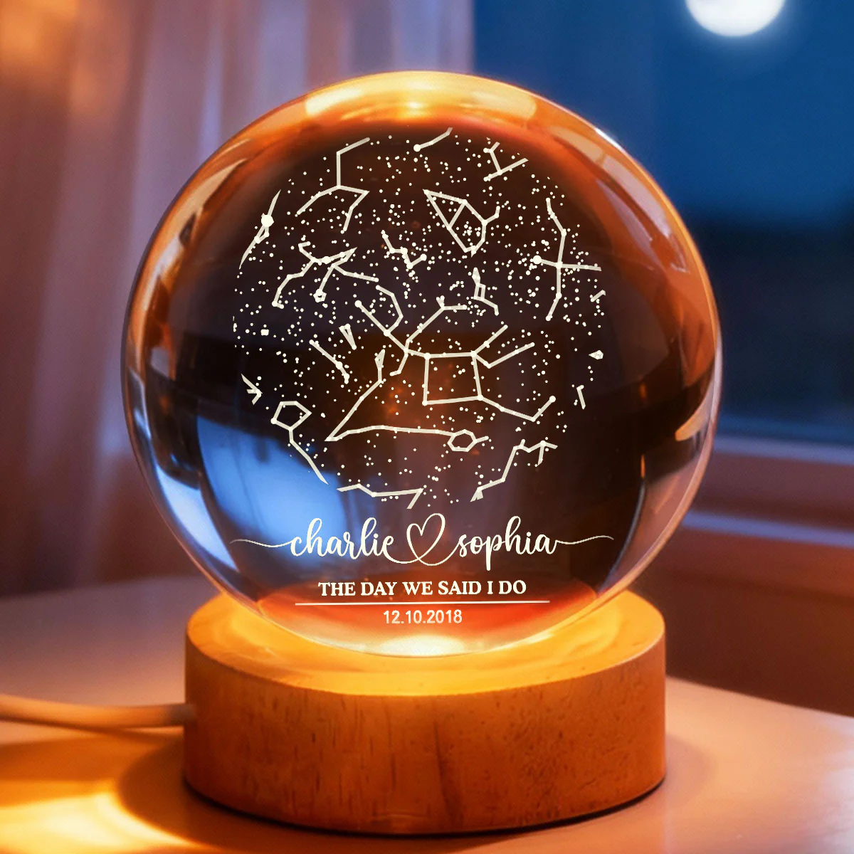 Custom Couple Star Map by Date Constellation - Personalized Crystal Ball Night Light - Heartfelt Anniversary Gift, Valentine's Day Gift for Her, for Him - Image 6