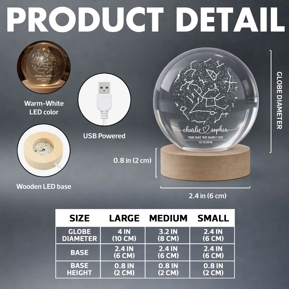 Custom Couple Star Map by Date Constellation - Personalized Crystal Ball Night Light - Heartfelt Anniversary Gift, Valentine's Day Gift for Her, for Him - Image 7