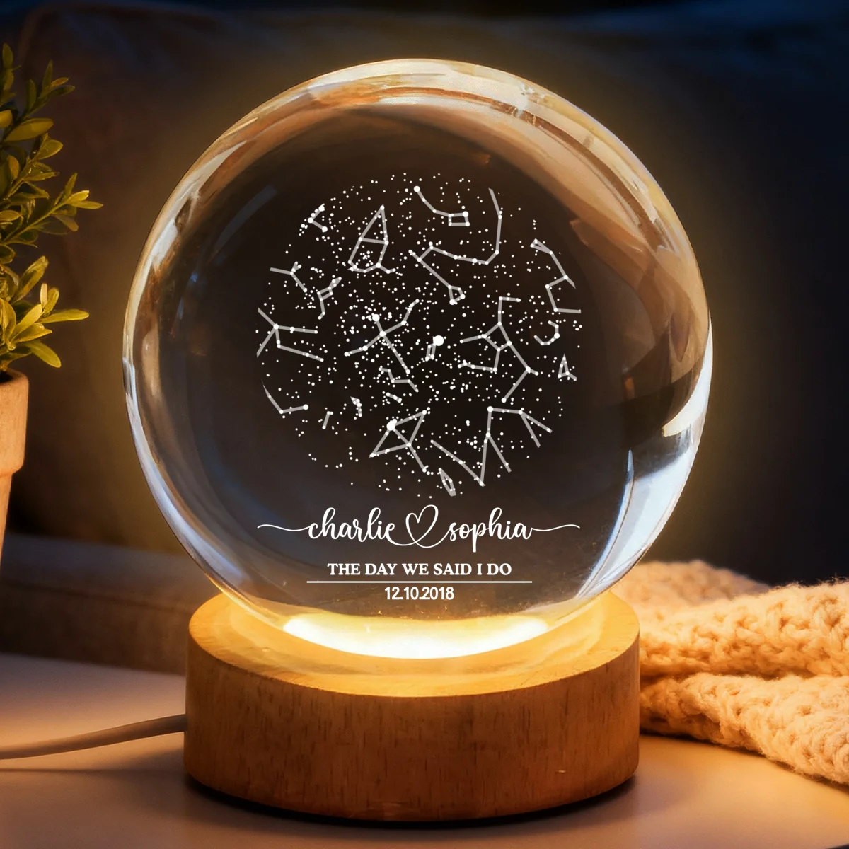 Custom Couple Star Map by Date Constellation - Personalized Crystal Ball Night Light - Heartfelt Anniversary Gift, Valentine's Day Gift for Her, for Him - Image 9