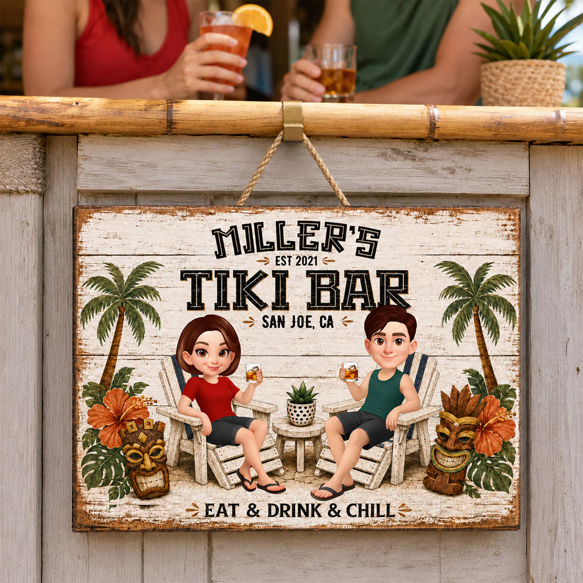Custom Couple Tiki Bar - Personalized Wooden Sign - Outdoor Home Bar Decor, Eat Drink & Chill Sign, New Home Gift - Image 2