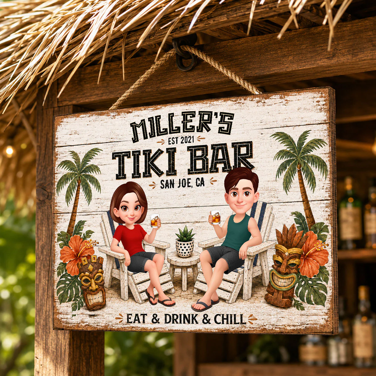 Custom Couple Tiki Bar - Personalized Wooden Sign - Outdoor Home Bar Decor, Eat Drink & Chill Sign, New Home Gift - Image 3