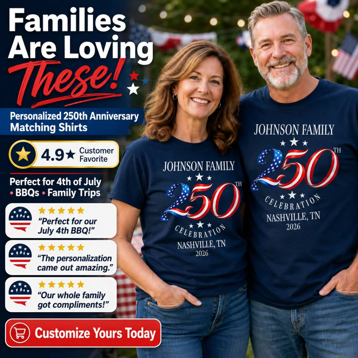 Custom Family American 250th Anniversary 4th of July - Personalized Shirt - Family Matching Patriotic Crew Shirt - Image 4