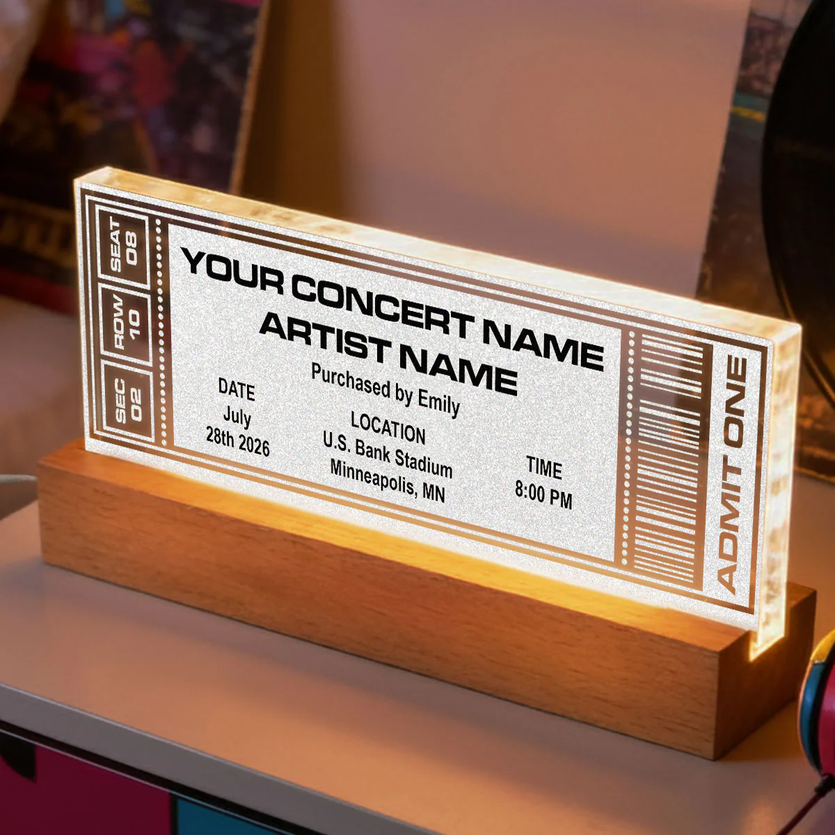 Custom Favorite Music Concert Photo Ticket - Personalized Acrylic Block LED Night Light - Valentine's Day Gift for her, for him - Image 2