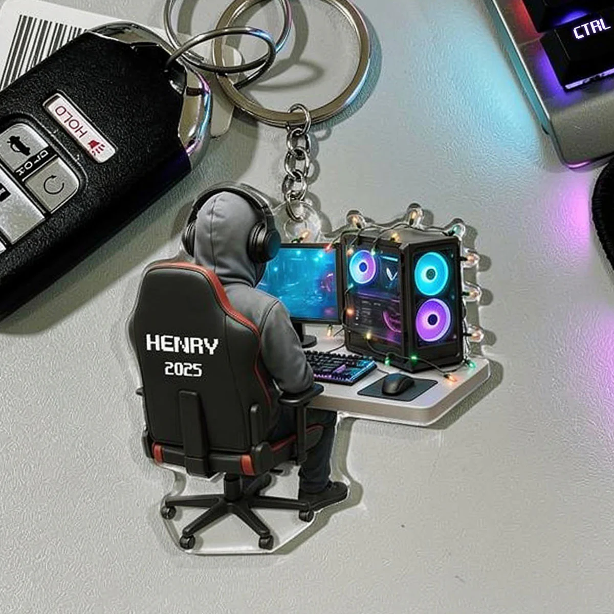 Custom Gamer Name PC Set Up - Personalized Acrylic Keychain - Custom Name Keyrings, Name Tag for Backpacks, Bottles - Image 3