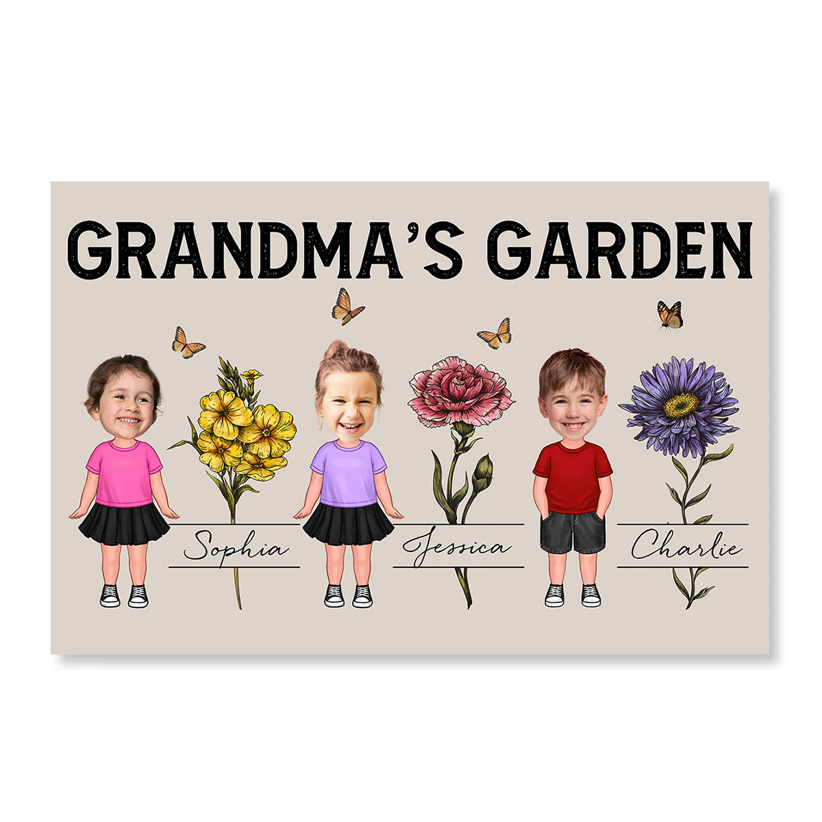 Custom Grandkids Photo Grandma‘s Garden Beautiful Vintage Birth Month Flower Personalized Horizontal Poster