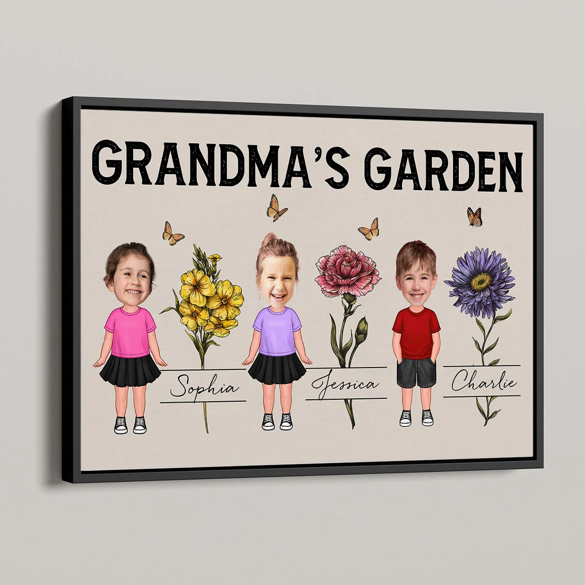 Custom Grandkids Photo Grandma‘s Garden Beautiful Vintage Birth Month Flower Personalized Horizontal Poster - Image 2