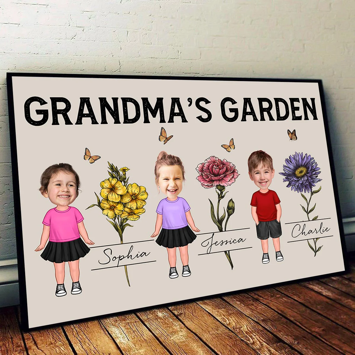 Custom Grandkids Photo Grandma‘s Garden Beautiful Vintage Birth Month Flower Personalized Horizontal Poster - Image 4