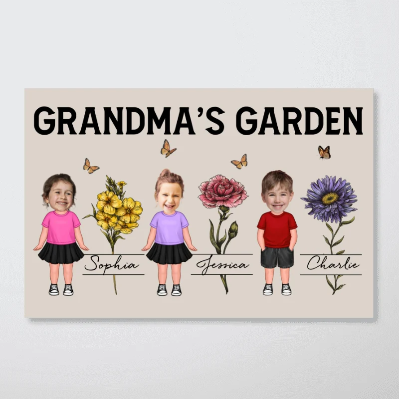 Custom Grandkids Photo Grandma‘s Garden Beautiful Vintage Birth Month Flower Personalized Horizontal Poster - Image 6