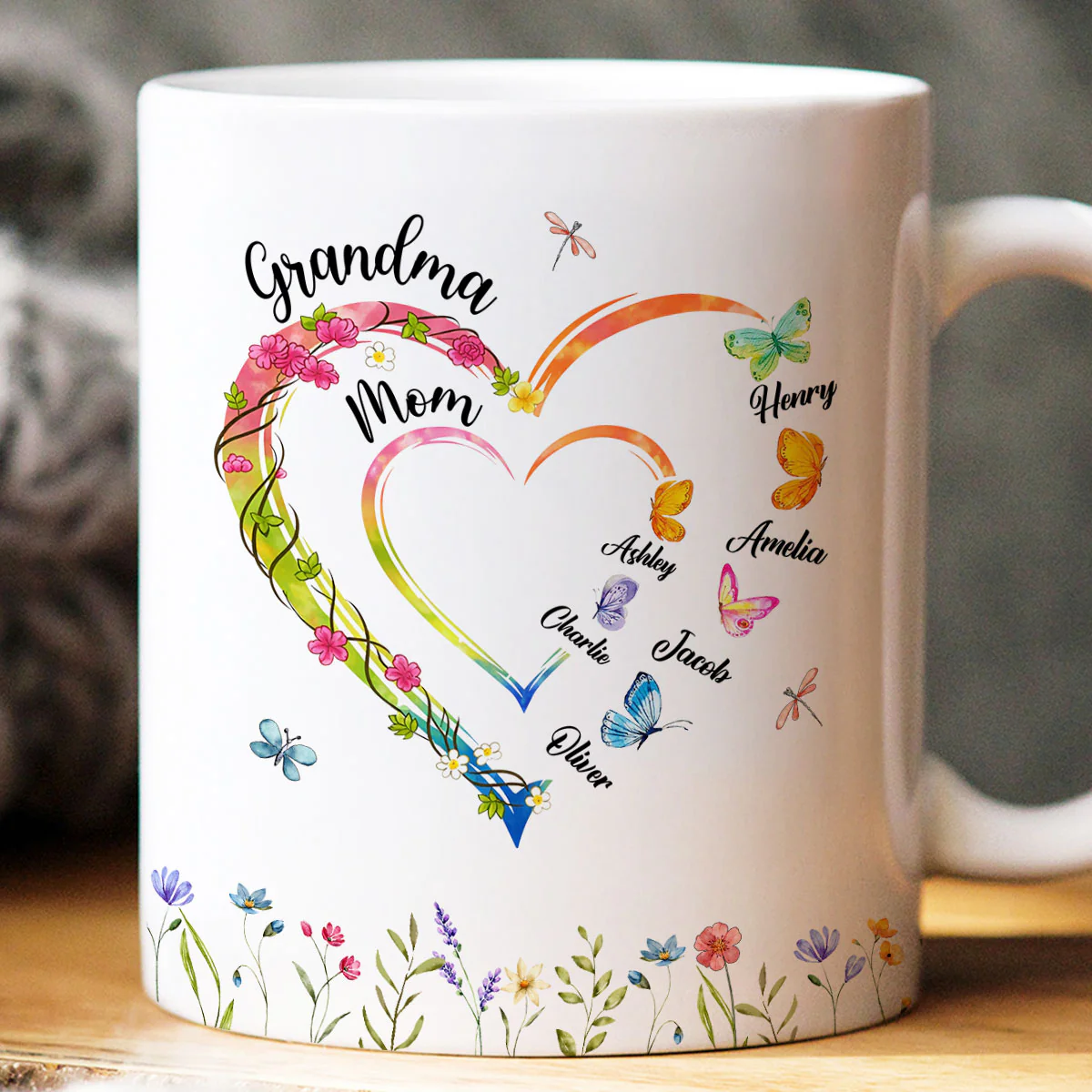 Custom Grandma Mom Flower Heart with Kids Names - Personalized Mug - Gift for Mom, Grandma - Image 2