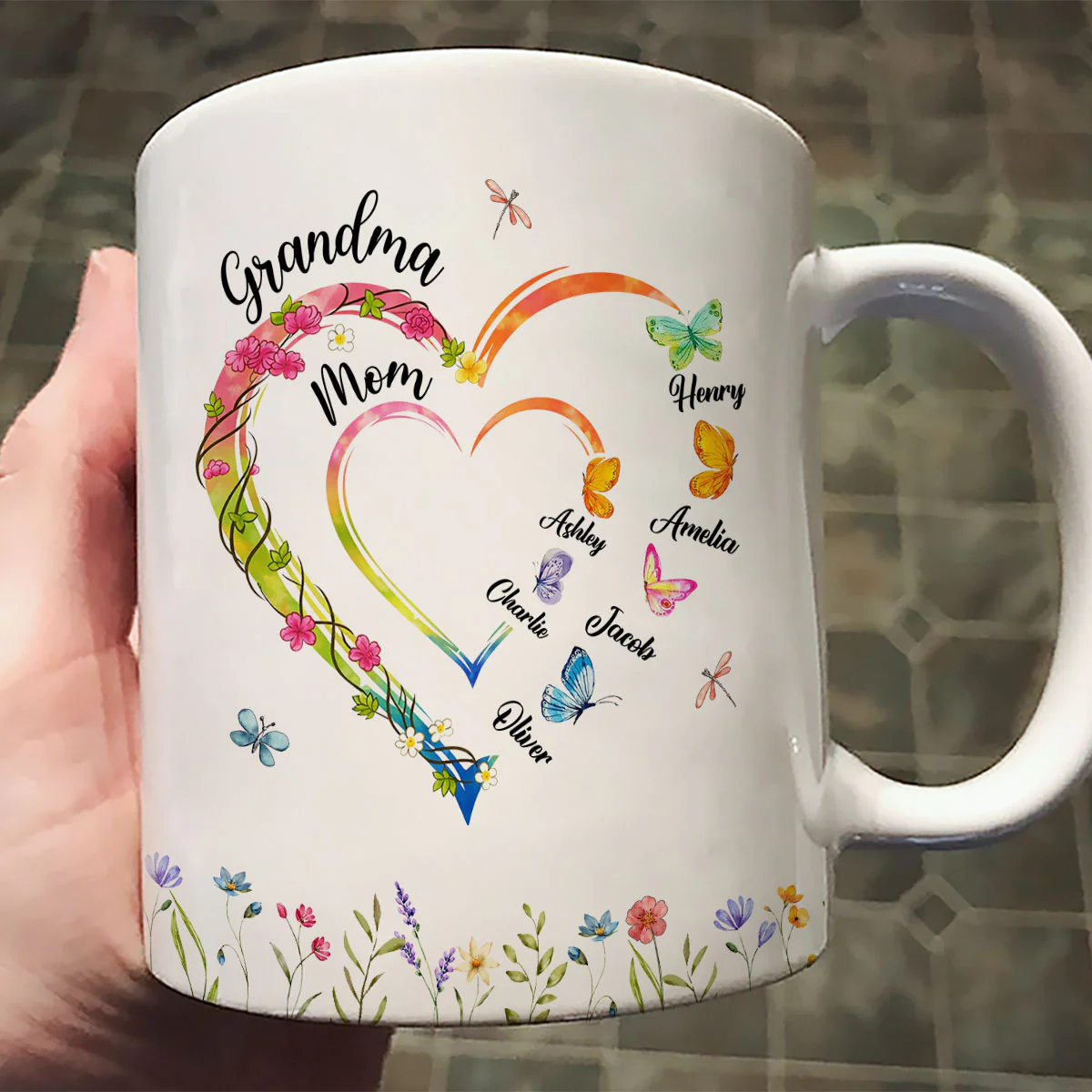 Custom Grandma Mom Flower Heart with Kids Names - Personalized Mug - Gift for Mom, Grandma - Image 3