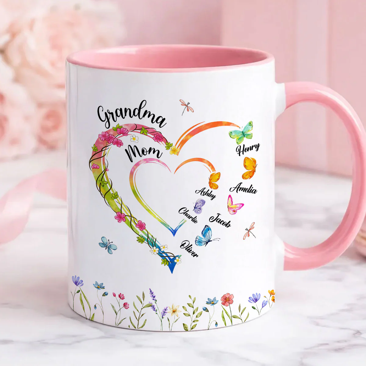 Custom Grandma Mom Flower Heart with Kids Names - Personalized Mug - Gift for Mom, Grandma - Image 4