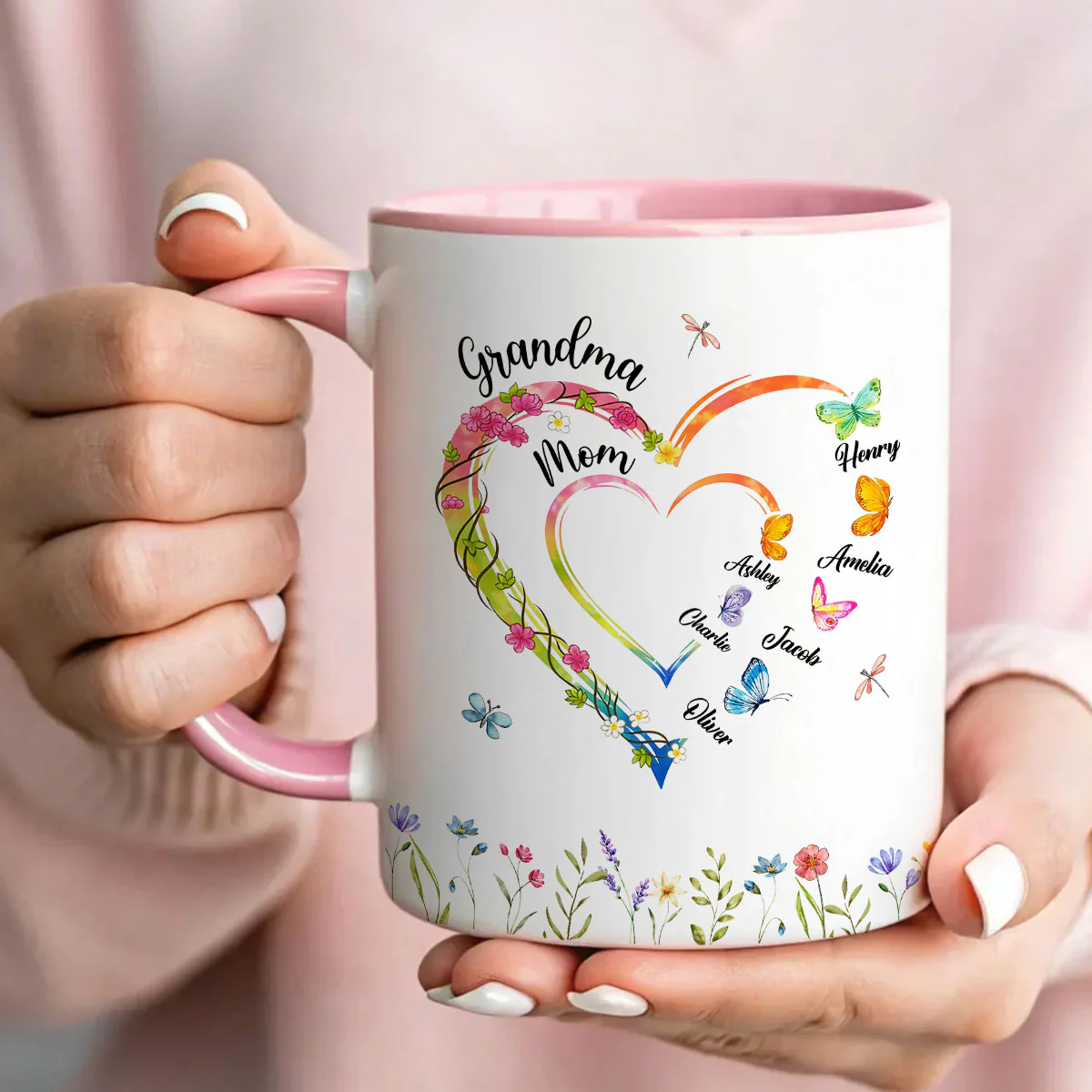 Custom Grandma Mom Flower Heart with Kids Names - Personalized Mug - Gift for Mom, Grandma - Image 5