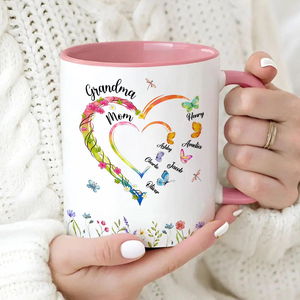 Custom Grandma Mom Flower Heart with Kids Names - Personalized Mug - Gift for Mom, Grandma - Image 6