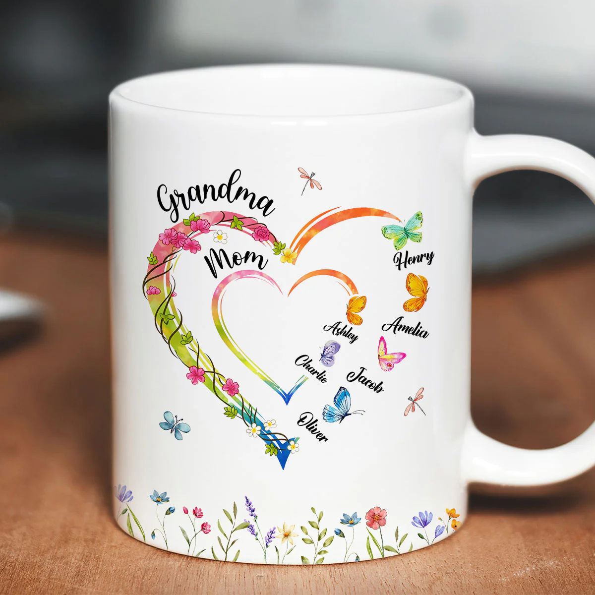 Custom Grandma Mom Flower Heart with Kids Names - Personalized Mug - Gift for Mom, Grandma - Image 7