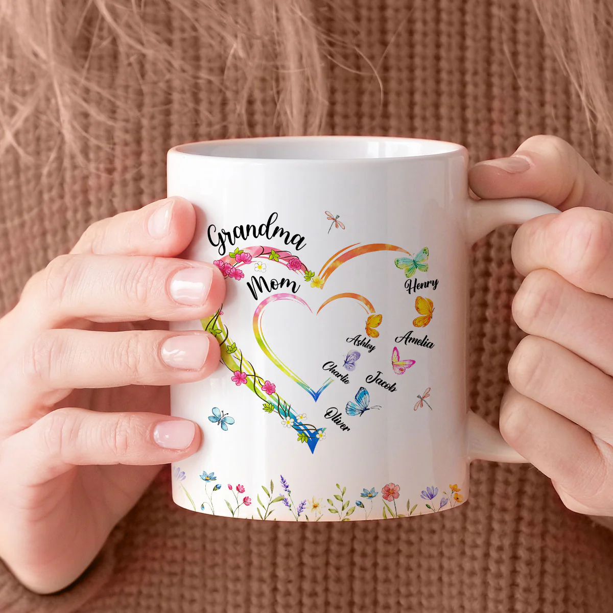 Custom Grandma Mom Flower Heart with Kids Names - Personalized Mug - Gift for Mom, Grandma - Image 8