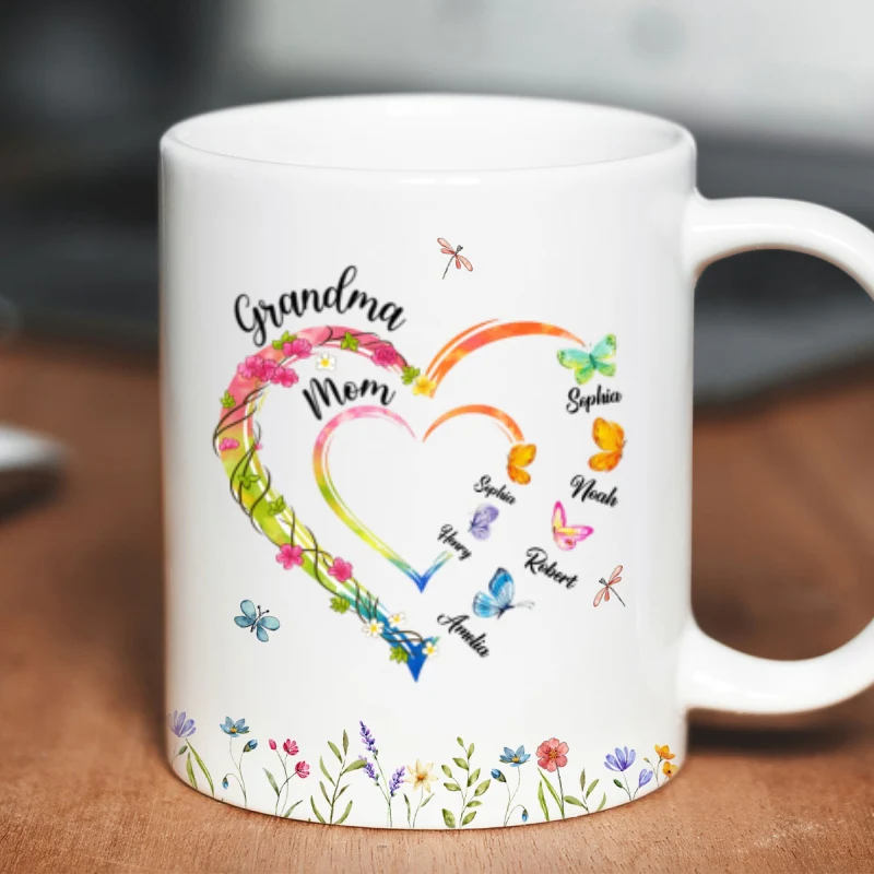 Custom Grandma Mom Flower Heart with Kids Names - Personalized Mug - Gift for Mom, Grandma - Image 9