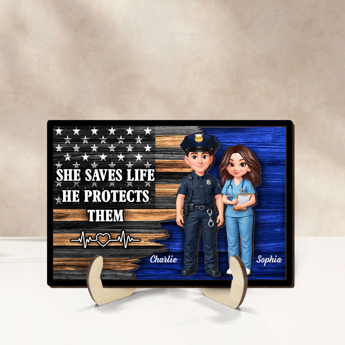 Custom Hero Couple Thin Blue Line Nation Flag - Personalized 2-Layered Wooden Plaque - Heartfelt Gift for Him, for Her - Image 2