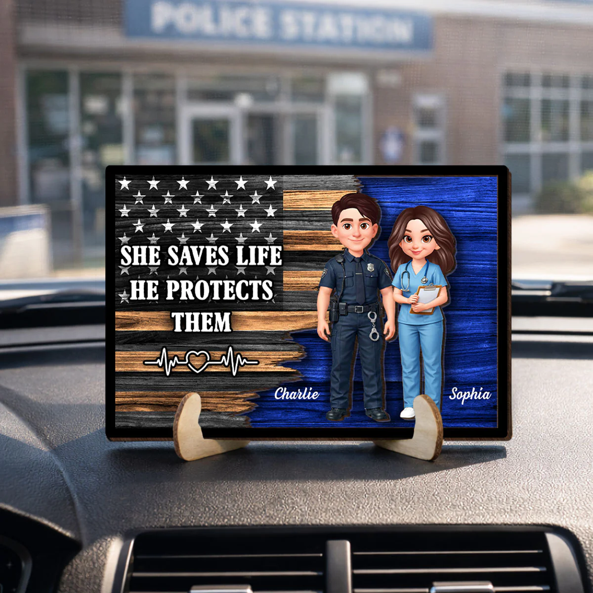 Custom Hero Couple Thin Blue Line Nation Flag - Personalized 2-Layered Wooden Plaque - Heartfelt Gift for Him, for Her - Image 3