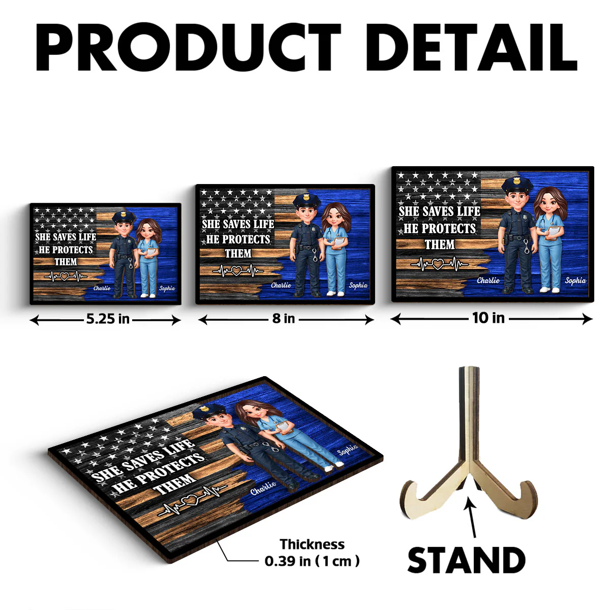 Custom Hero Couple Thin Blue Line Nation Flag - Personalized 2-Layered Wooden Plaque - Heartfelt Gift for Him, for Her - Image 4