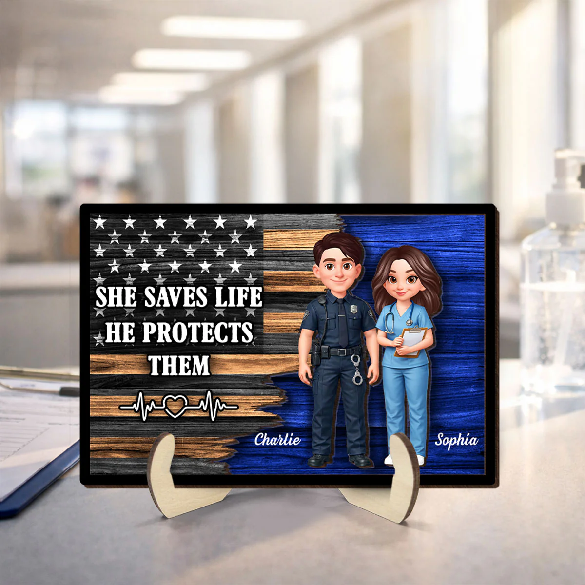 Custom Hero Couple Thin Blue Line Nation Flag - Personalized 2-Layered Wooden Plaque - Heartfelt Gift for Him, for Her - Image 5