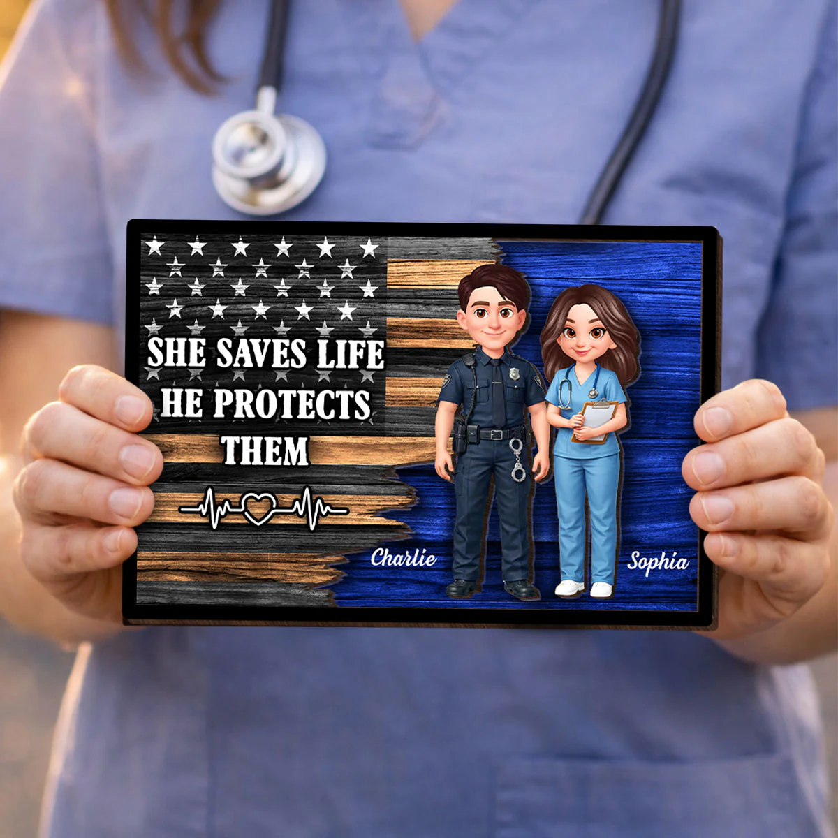 Custom Hero Couple Thin Blue Line Nation Flag - Personalized 2-Layered Wooden Plaque - Heartfelt Gift for Him, for Her - Image 7