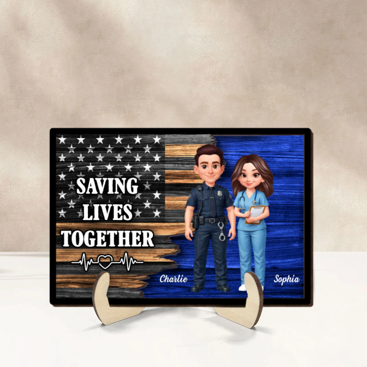 Custom Hero Couple Thin Blue Line Nation Flag - Personalized 2-Layered Wooden Plaque - Heartfelt Gift for Him, for Her - Image 9