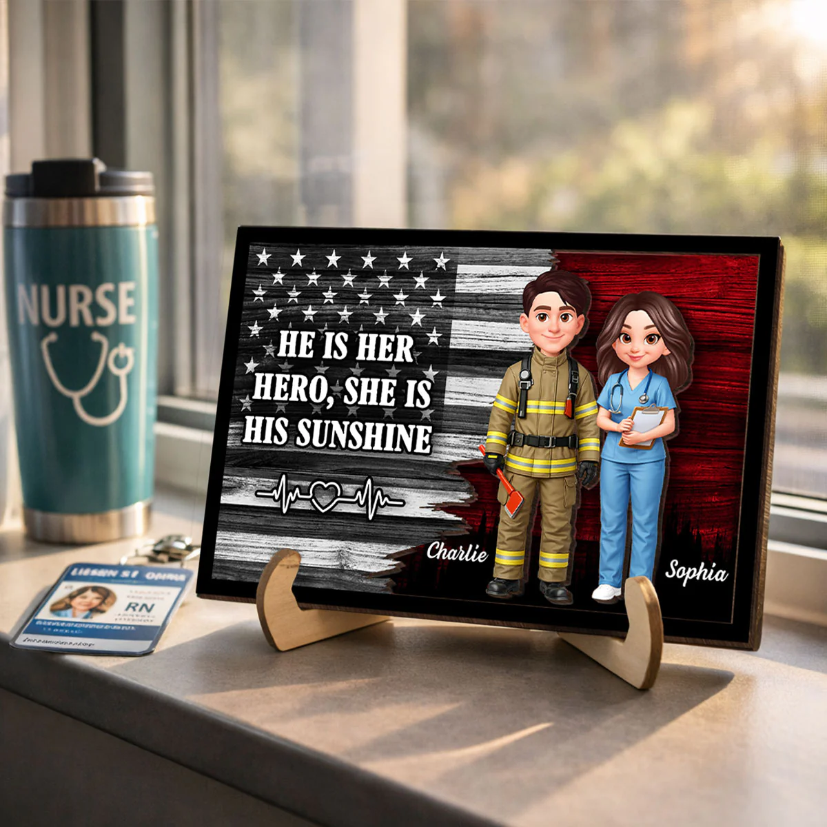 Custom Hero Couple Thin Red Line Nation Flag - Personalized 2-Layered Wooden Plaque - Heartfelt Gift for Him, for Her - Image 2