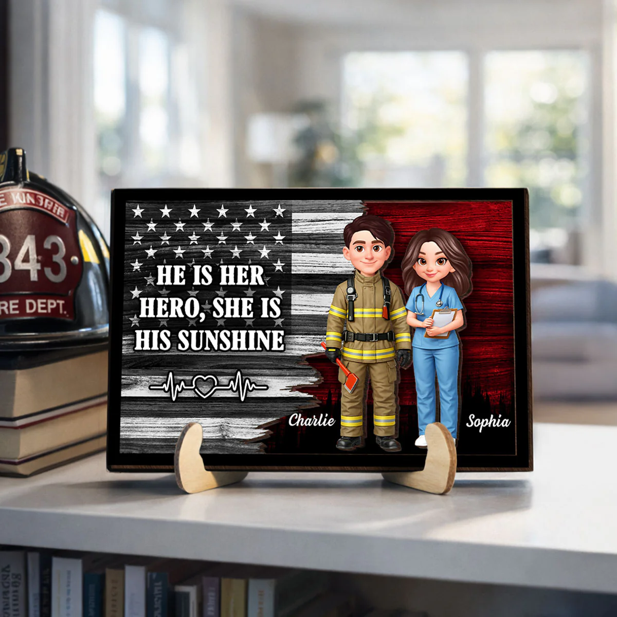 Custom Hero Couple Thin Red Line Nation Flag - Personalized 2-Layered Wooden Plaque - Heartfelt Gift for Him, for Her - Image 3