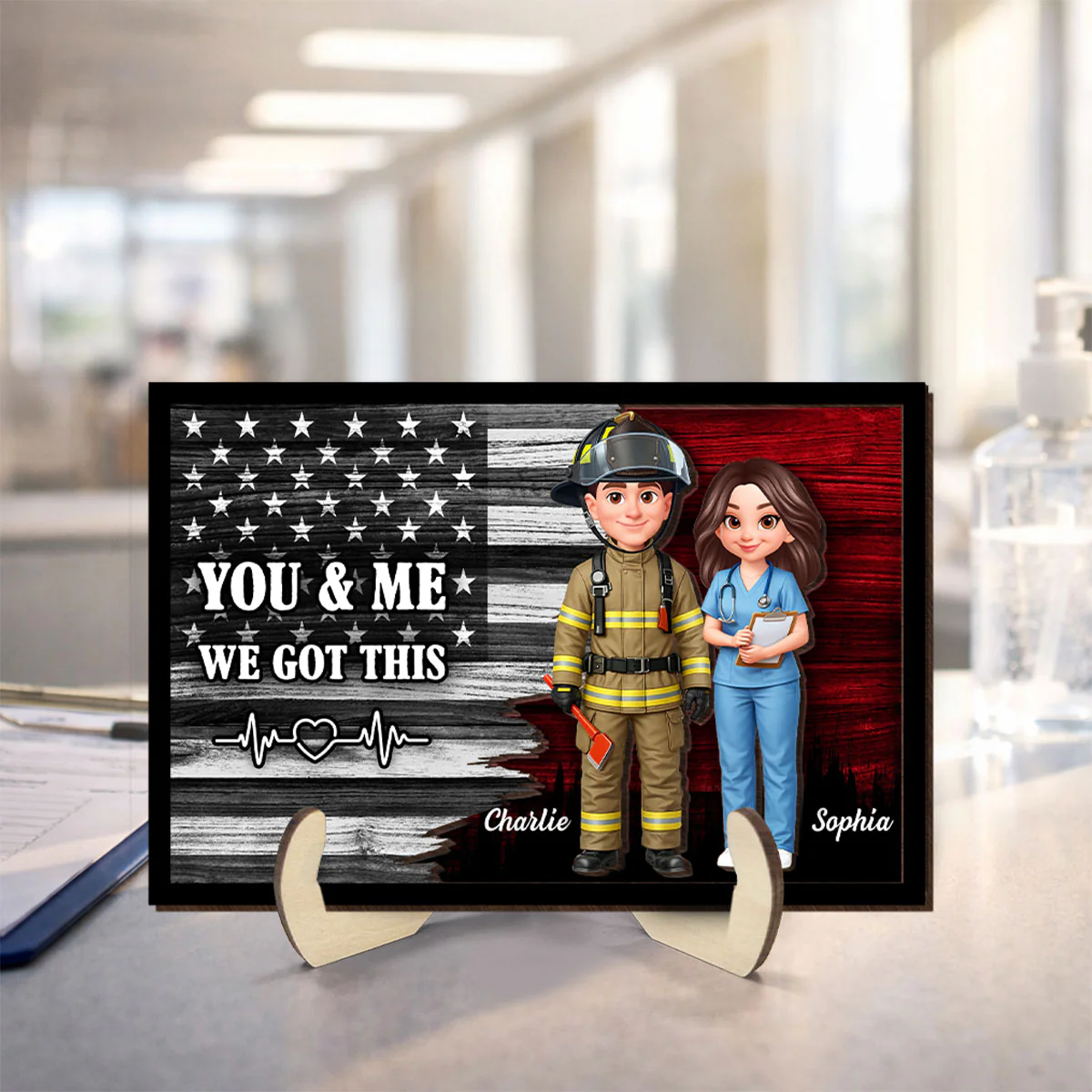 Custom Hero Couple Thin Red Line Nation Flag - Personalized 2-Layered Wooden Plaque - Heartfelt Gift for Him, for Her - Image 4