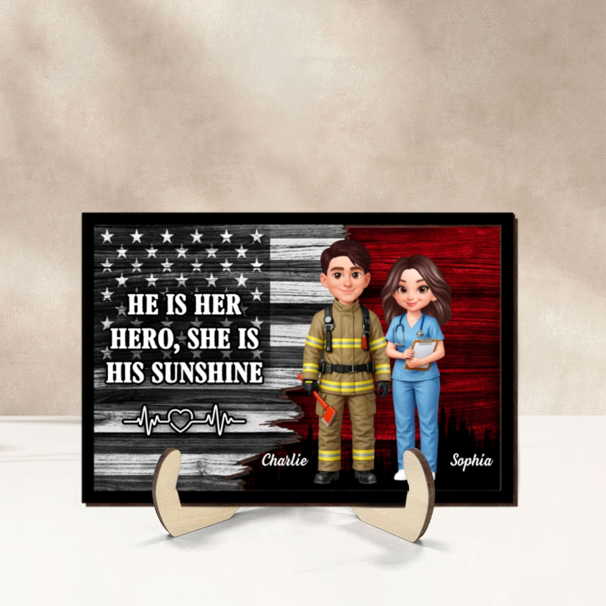 Custom Hero Couple Thin Red Line Nation Flag - Personalized 2-Layered Wooden Plaque - Heartfelt Gift for Him, for Her - Image 9