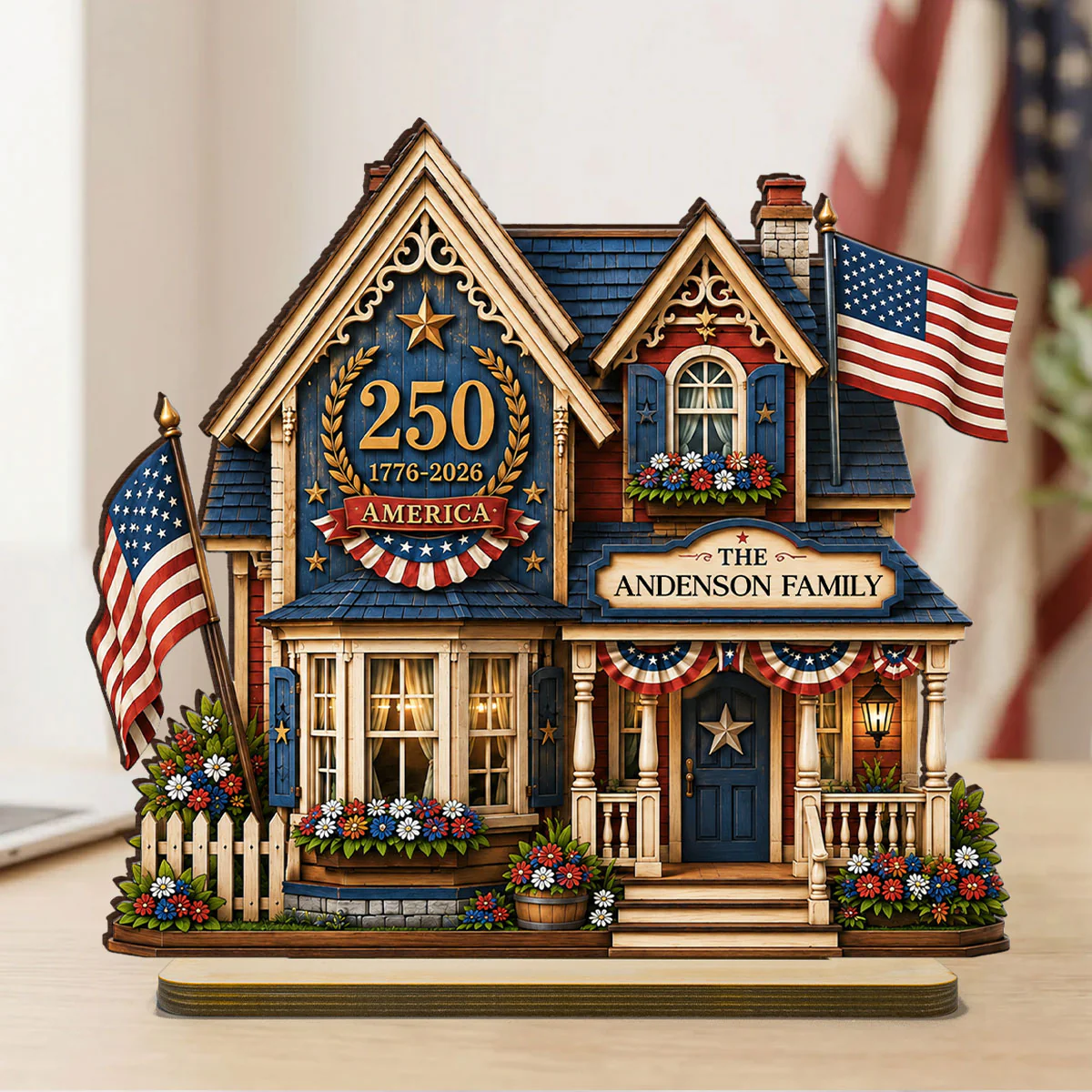 Custom House USA 250th Anniversary - Personalized 2-Layered Wooden Plaque - Patriotic Shelf Decor for Independence Day