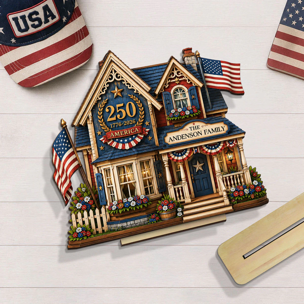 Custom House USA 250th Anniversary - Personalized 2-Layered Wooden Plaque - Patriotic Shelf Decor for Independence Day - Image 8