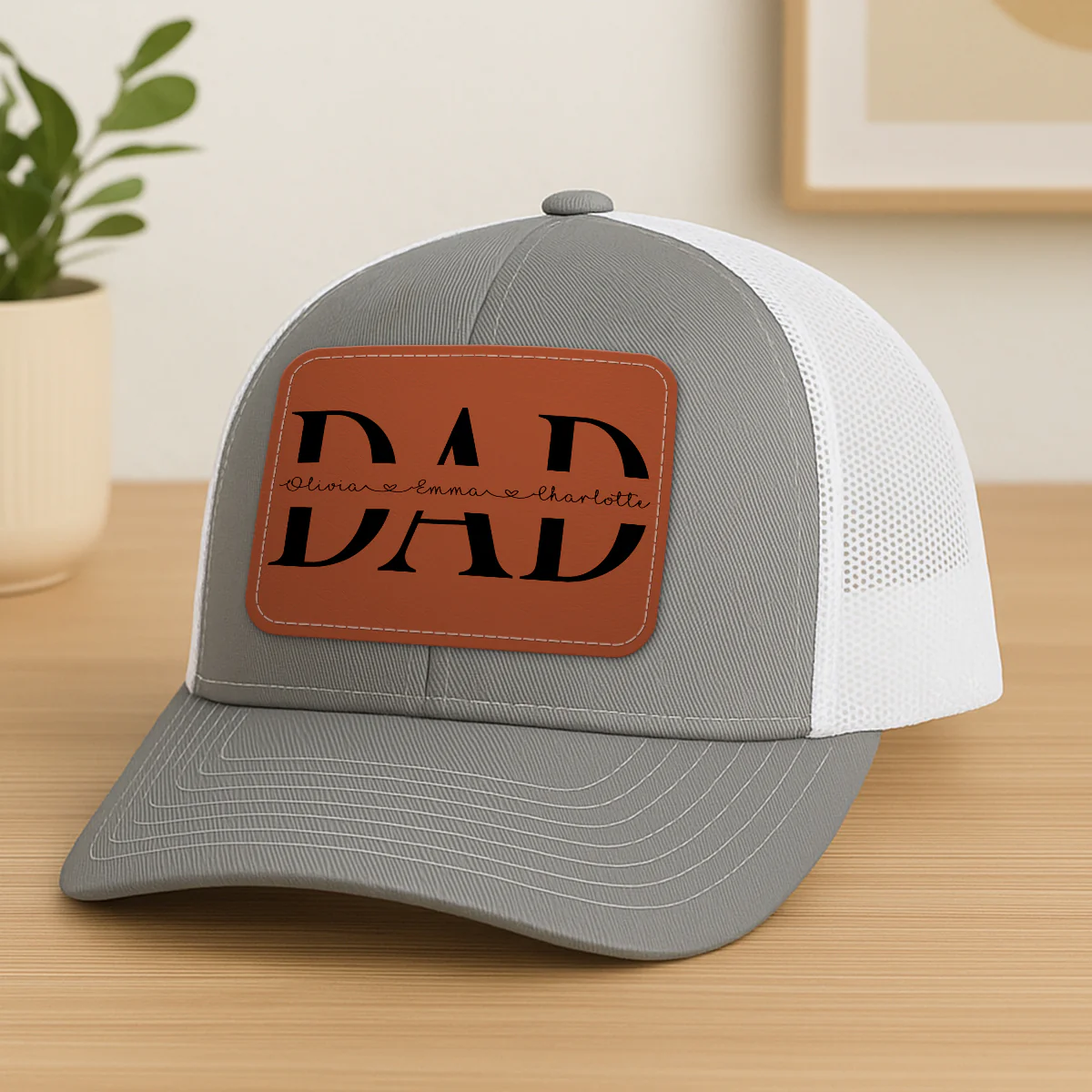 Custom Kids Name Personalized Dad Gift, Leather Patch Hat, Dad and Kids Trucker Hat, Father's Day Gift for Dad, Grandpa - Image 2