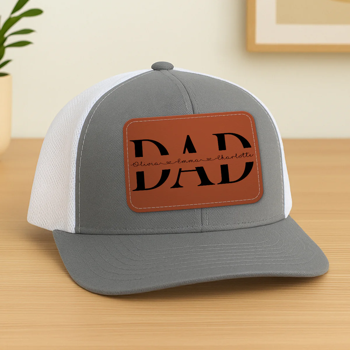 Custom Kids Name Personalized Dad Gift, Leather Patch Hat, Dad and Kids Trucker Hat, Father's Day Gift for Dad, Grandpa - Image 3