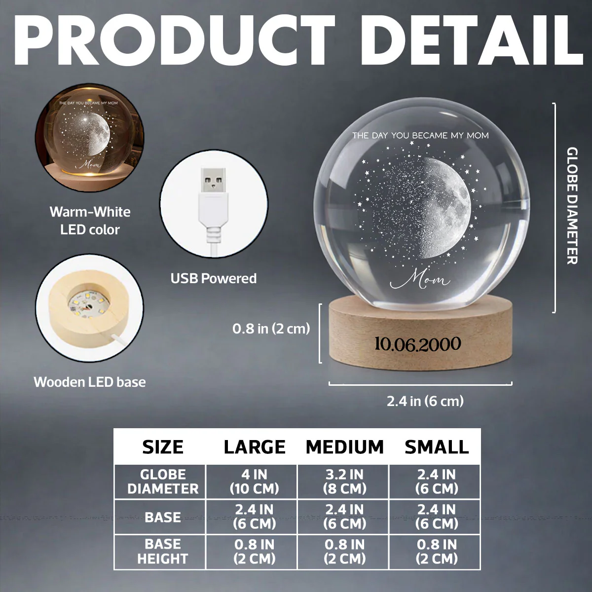 Custom Moon Phase and Star Map by Date - Personalized Crystal Ball LED Night Light - Mother's Day Gift for Mom, Wife - Image 7