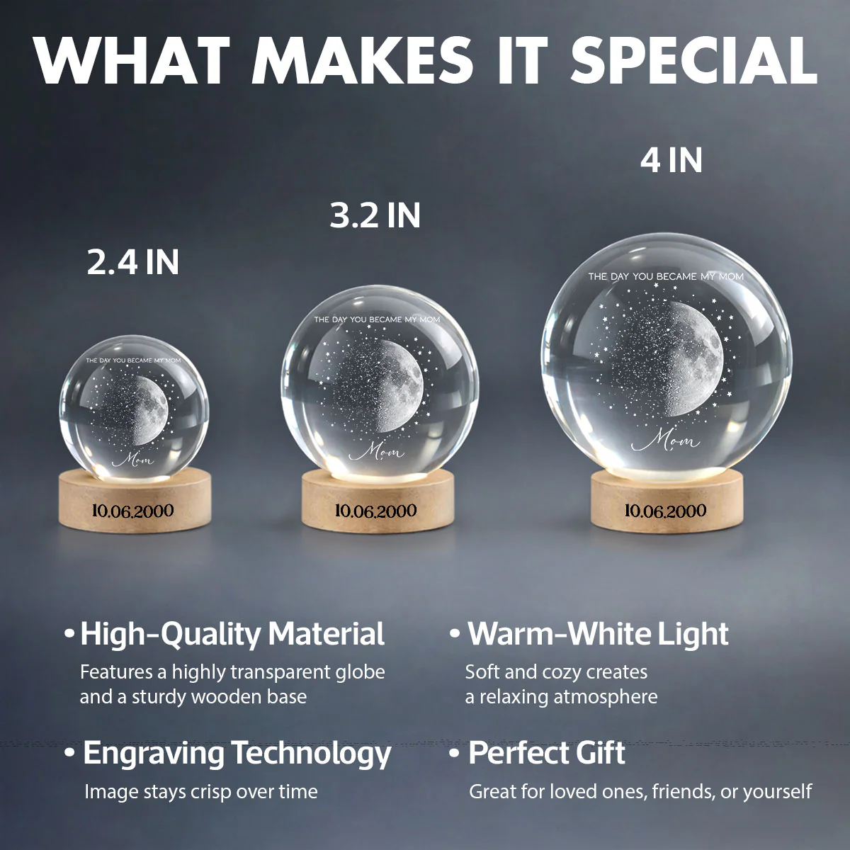 Custom Moon Phase and Star Map by Date - Personalized Crystal Ball LED Night Light - Mother's Day Gift for Mom, Wife - Image 8