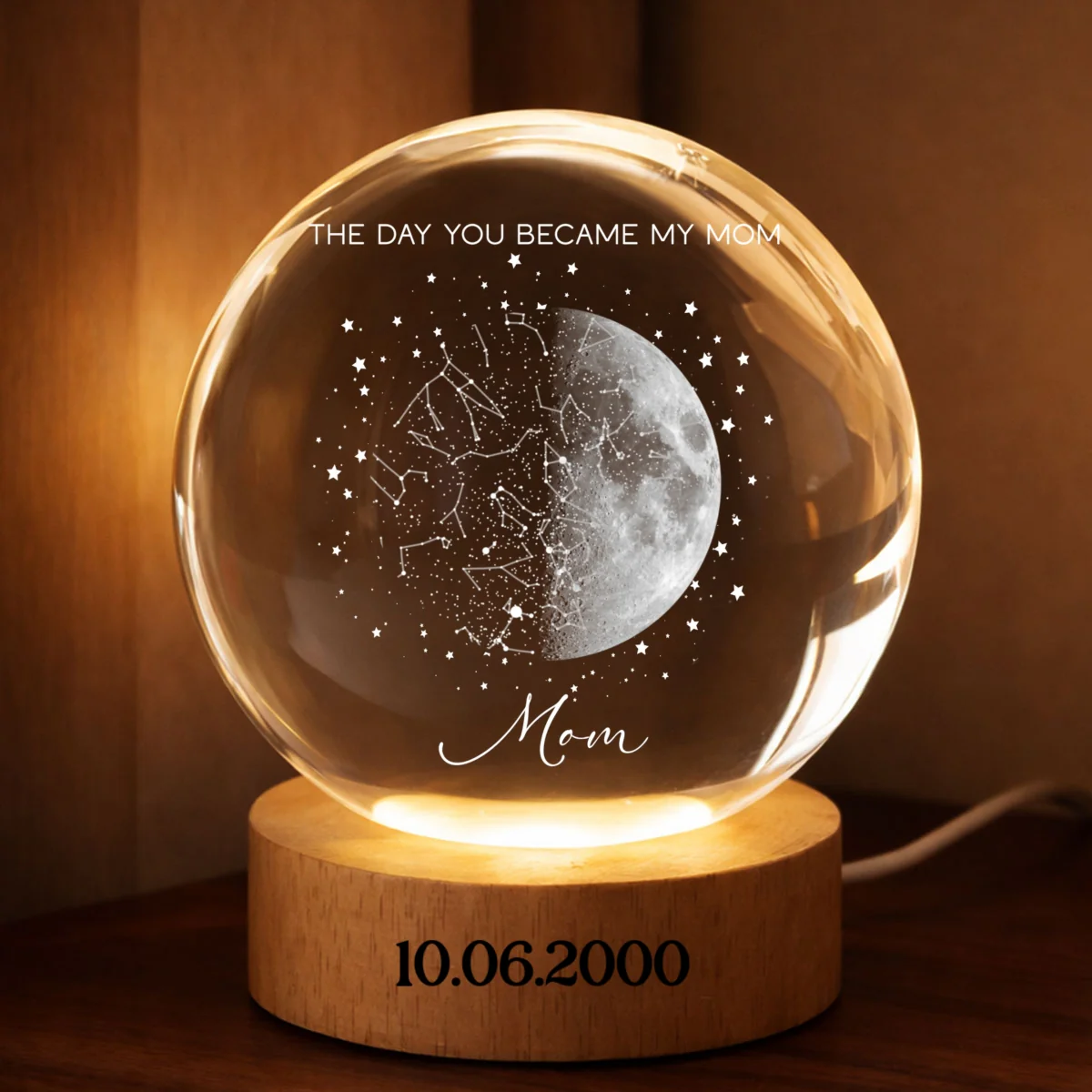 Custom Moon Phase and Star Map by Date - Personalized Crystal Ball LED Night Light - Mother's Day Gift for Mom, Wife - Image 9