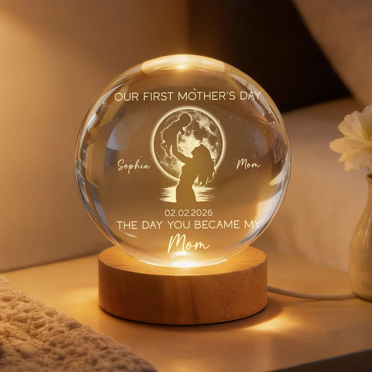 Custom Moon Phase First Mother's Day The Day You Became My Mom - Personalized Crystal Ball LED Night Light - First Mother's Day Gift For New Mom - Image 2