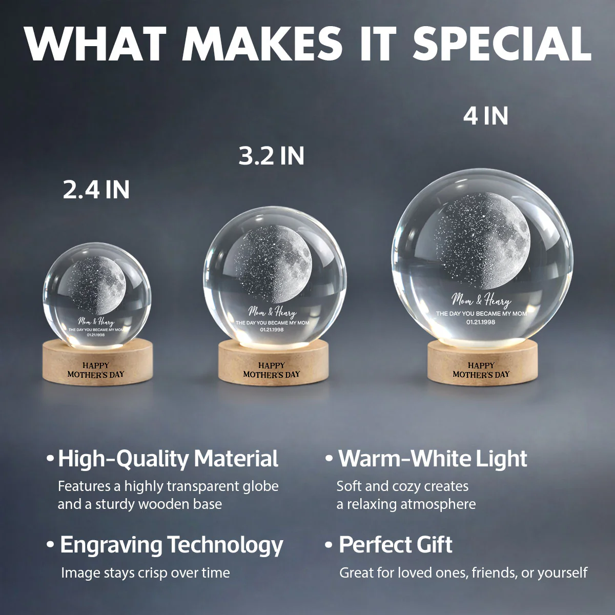 Custom Moon Phase & Star Map by Date Engraved Wooden Base - Personalized Crystal Ball LED Night Light - Heartfelt Gift for Mom - Image 10